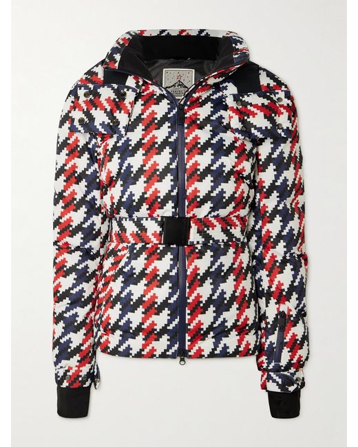 Perfect Moment Red Candice Hooded Belted Houndstooth Down Ski Jacket