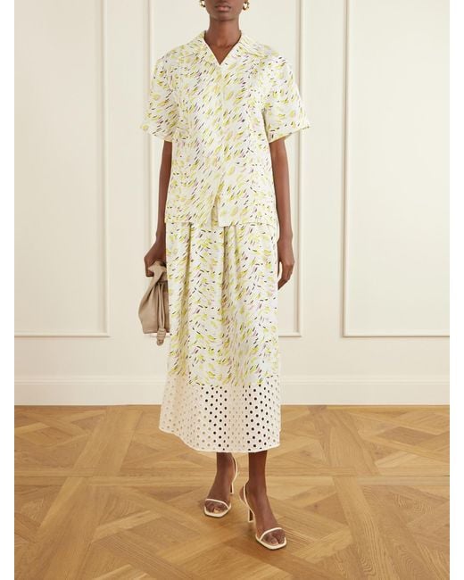 Marni Natural Broderie Anglaise-Trimmed Printed Linen Midi Skirt