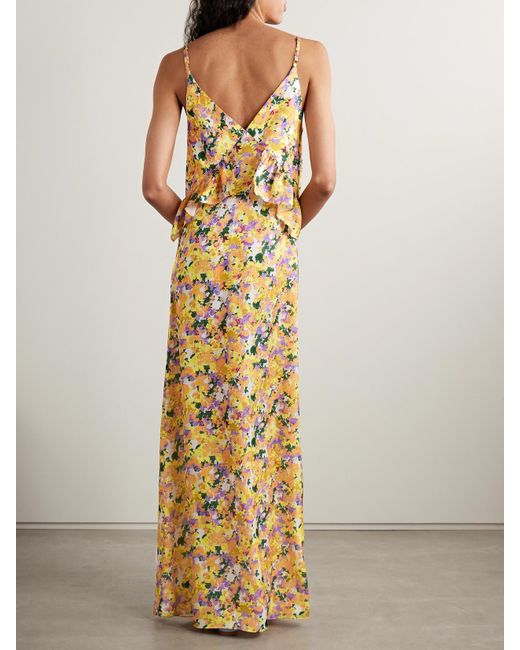Kika Vargas Metallic Bel Maxikleid Aus Gehämmertem Crêpe Mit Blumenprint, Applikationen Und Rüschen