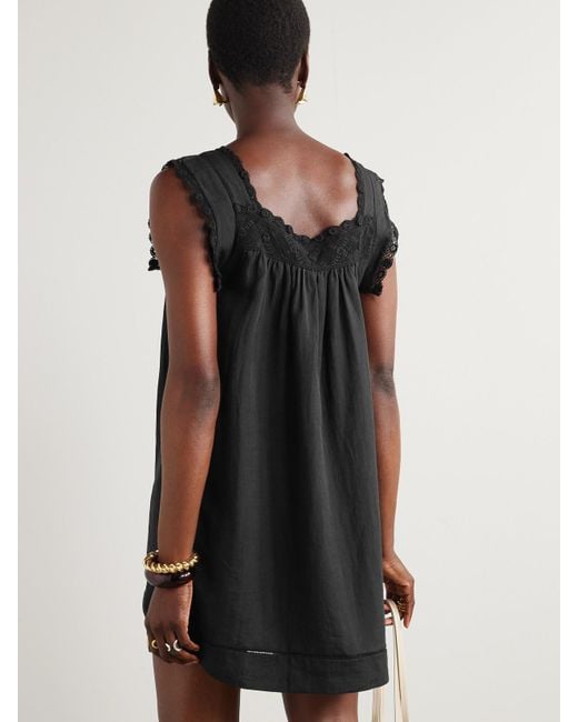 Doen Black Almadia Crochet-Trimmed Ramie Mini Dress