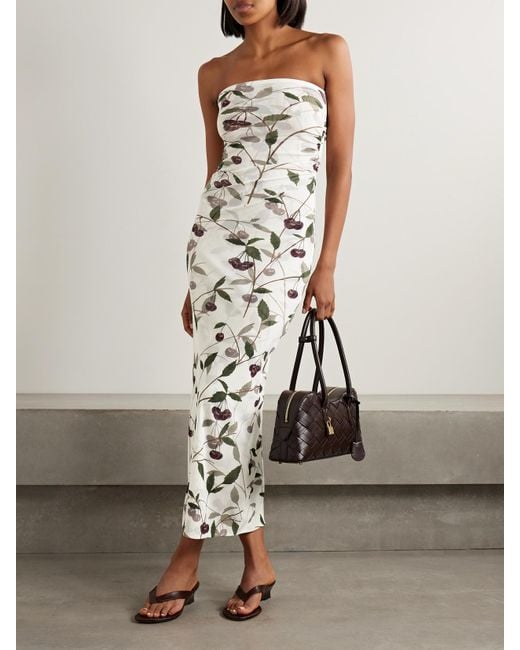 Stella McCartney White Strapless Ruched Printed Stretch-Mesh Maxi Dress