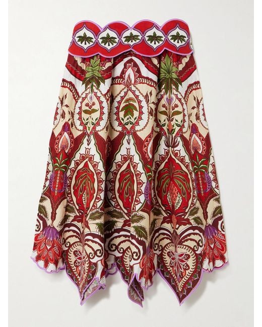 Farm Rio Red Odara Scalloped Printed Linen-Blend Midi Skirt