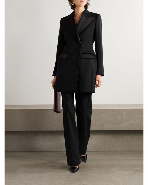 Dolce & Gabbana Black Doppelreihiger Mantel Aus Twill Aus Einer Wollmischung Mit Satinbesätzen Aus Einer Seidenmischung