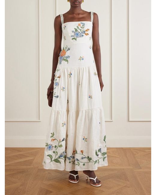 Agua Bendita White Lima Brisa Floral-Embroidered Linen Maxi Dress