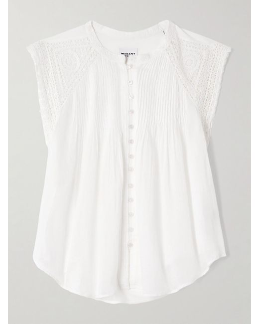 Isabel Marant White Gresia Bluse Aus Baumwoll-Voile Mit Biesen Und Häkelbesätzen