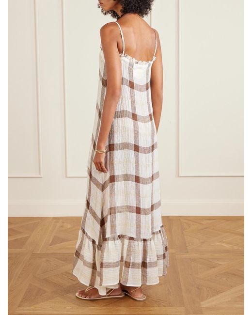 Lisa Marie Fernandez Natural Belted Embellished Tiered Ruffled Checked Linen-Blend Gauze Maxi Dress