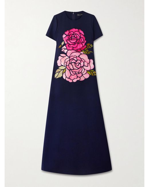 Oscar de la Renta Blue Appliquéd Wool-Blend Gown