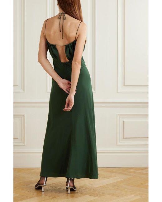 Totême Green Gathered Hammered Silk-Satin Maxi Dress
