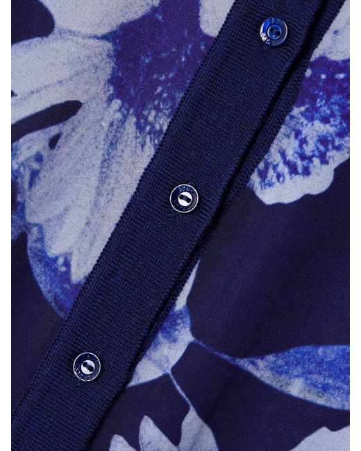 Erdem Blue Merino Wool And Floral-Print Satin Cardigan
