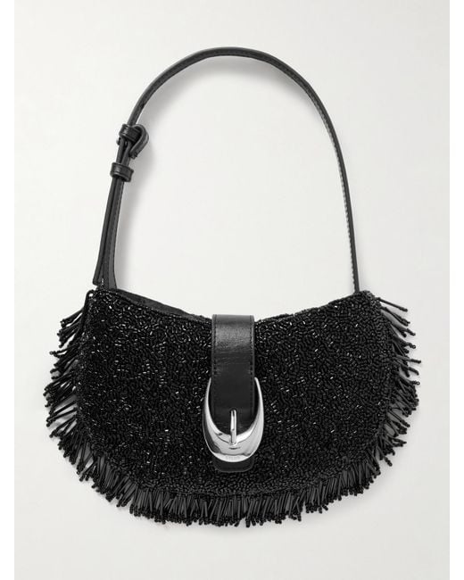 Staud Black Alana Leather-Trimmed Fringed Beaded Satin Shoulder Bag
