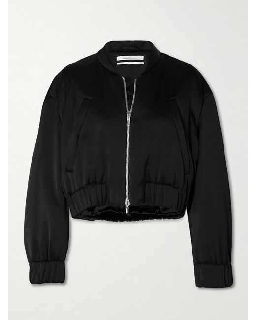 Another Tomorrow Black Cropped Satin Bomber Jacket