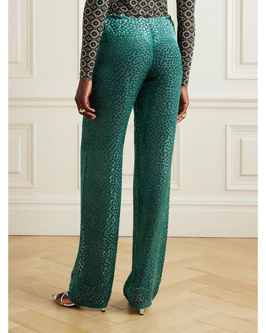 Dries Van Noten Green Polka-Dot Devoré-Velvet Straight-Leg Pants