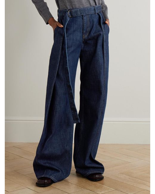 Loewe Blue Belted Pleated High-Rise Wide-Leg Jeans