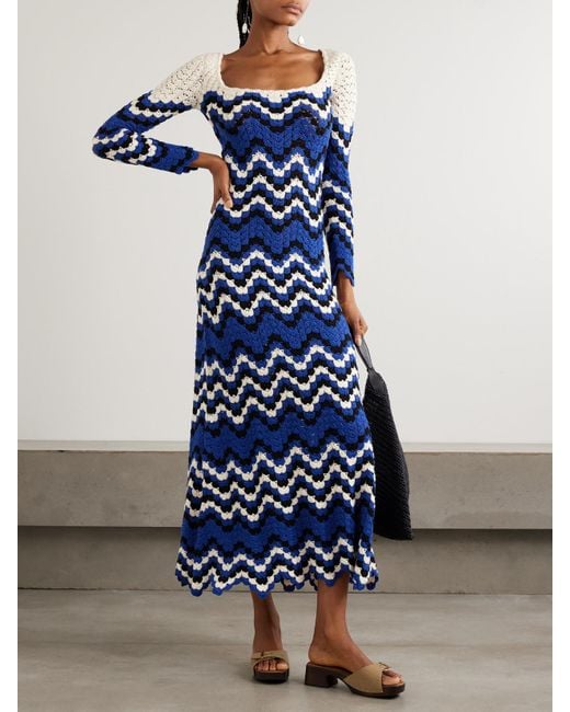 Escvdo Blue Sumac Midikleid Aus Gehäkelter Baumwolle Mit Wellenkante