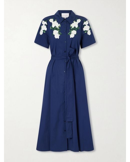 Carolina Herrera Blue Belted Floral-Embroidered Cotton-Blend Midi Dress
