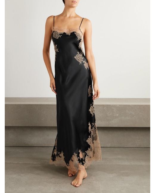 Carine Gilson Black Lace-Trimmed Silk-Satin Nightdress