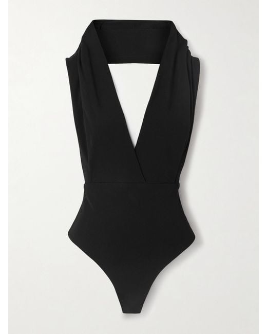 Balmain Black Hooded Open-Back Draped Jersey Bodysuit