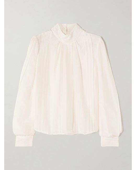 Thierry Colson Natural Teresa Pintucked Cotton And Silk-Blend Voile Turtleneck Blouse