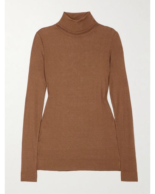 Lemaire Brown Seamless Ribbed-Knit Turtleneck Top