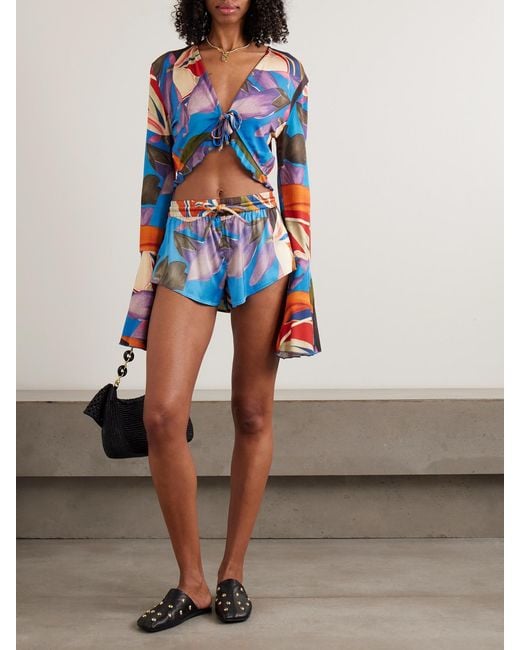 Donde Esteban Blue Palenque Flores Printed Satin Shorts