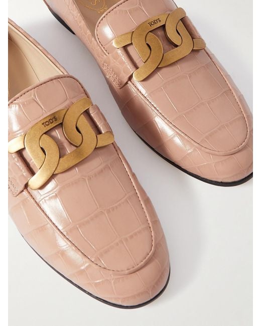 Tod's Natural Embellished Croc-Effect Leather Loafers