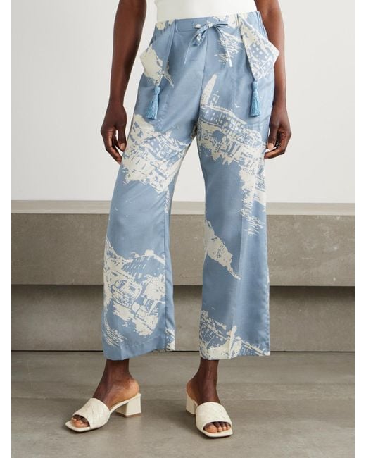 Bottega Veneta Blue Printed Silk And Cotton-Blend Shantung Wide-Leg Pants