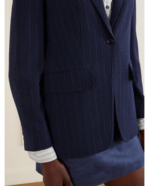 Max Mara Blue Pinstriped Wool-Blend Seersucker Blazer