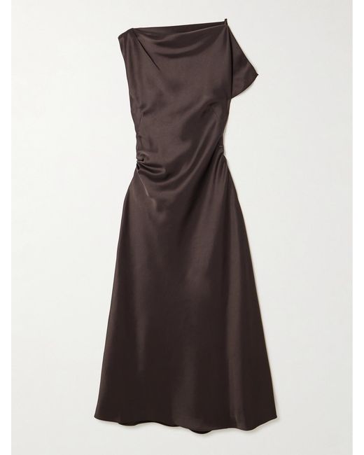 La Ligne Brown Asymmetric Draped Satin Maxi Dress