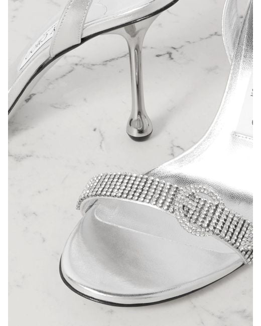 Jimmy Choo White Tabatha 95 Crystal-Embellished Metallic Leather Slingback Sandals