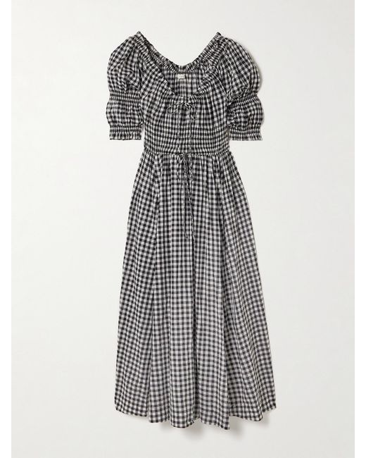 Doen Gray Ischia Shirred Gingham Cotton-Voile Midi Dress