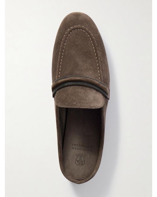 Brunello Cucinelli Brown Slippers Aus Veloursleder Mit Zierperlen