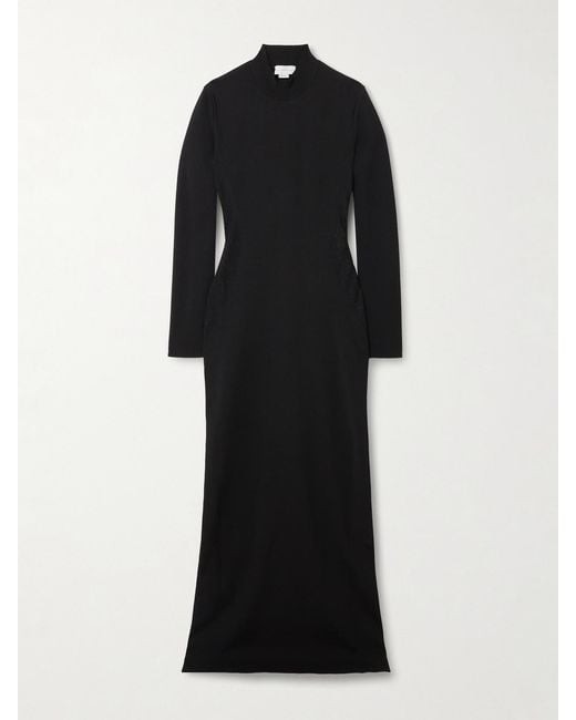 Stella McCartney Black Paneled Lace-Trimmed Stretch-Knit Turtleneck Maxi Dress