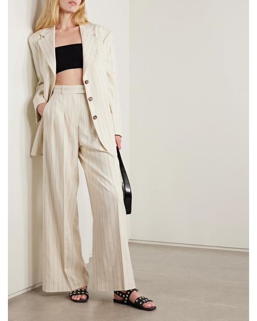 Anine Bing White Lou Pleated Pinstriped Woven Wide-Leg Pants
