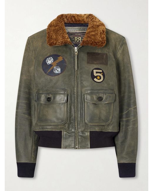 RRL Green Harper Plush-Trimmed Appliquéd Leather Bomber Jacket