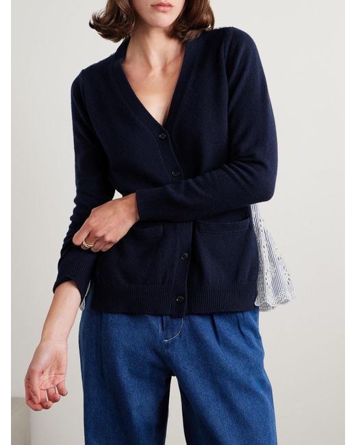 Sea Blue Lennon Paneled Merino Wool-Blend And Striped Broderie Anglaise Cotton-Poplin Cardigan