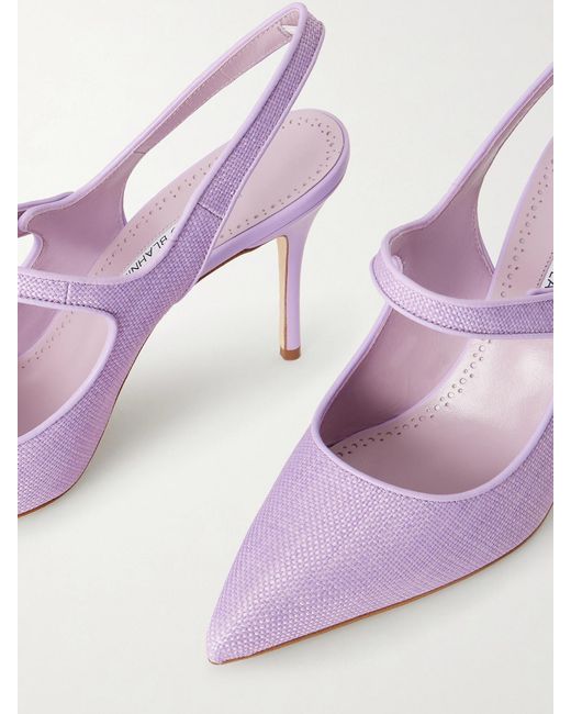 Manolo Blahnik Pink Camparisli 90 Leather-Trimmed Raffia Mary Jane Slingback Pumps
