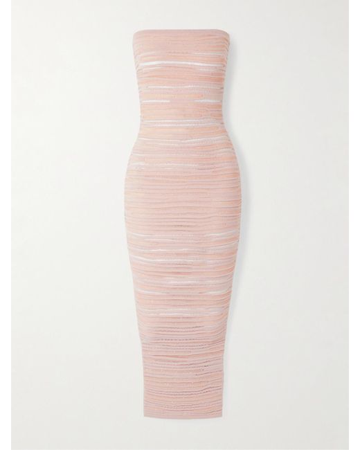 Balmain Pink Knitted Strapless Midi Dress