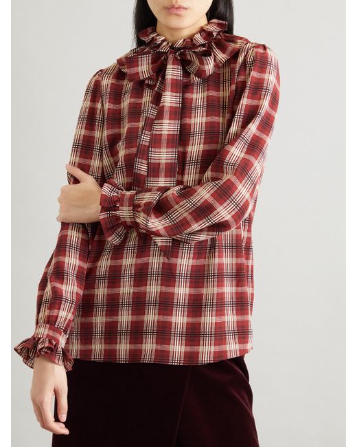 Saint Laurent Red Schluppenbluse Aus Karierter Seide Mit Raffungen
