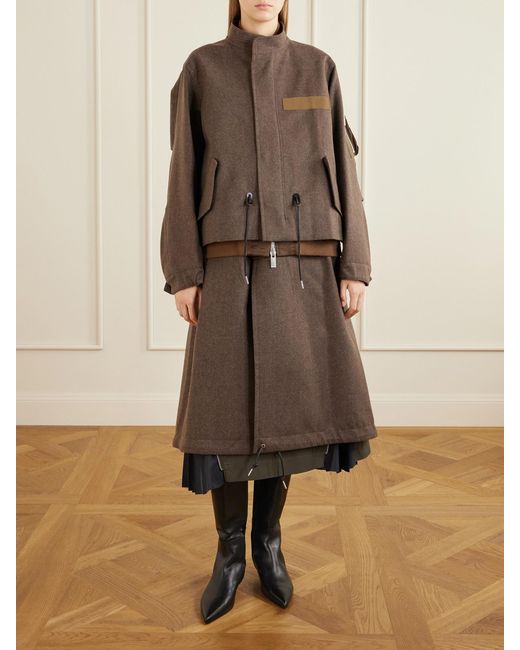 Sacai Brown Shell-Trimmed Wool-Flannel Coat