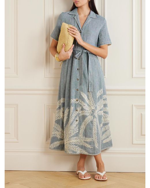 Emporio Sirenuse Blue Claudia Palm Belted Embroidered Ramie And Linen-Blend Midi Dress