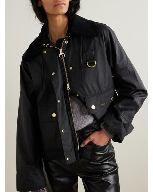 Barbour Black Reighton Corduroy-Trimmed Waxed-Cotton Jacket