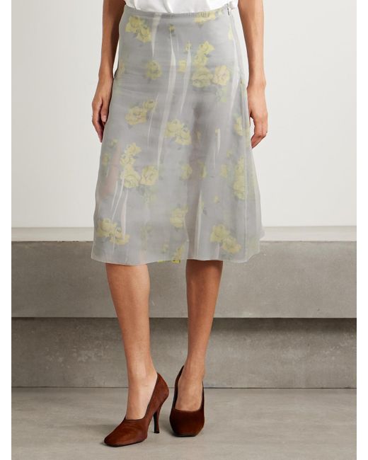 Acne Gray Layered Distressed Chiffon And Floral-Print Crepe Skirt