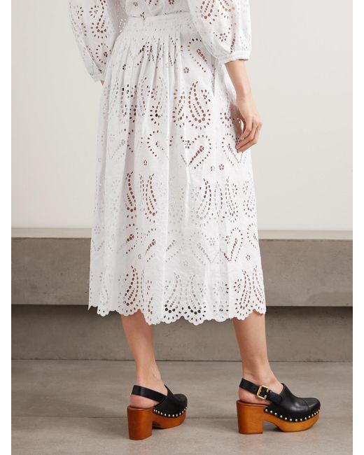 Etro White Pleated Scalloped Broderie Anglaise Cotton-Blend Poplin Midi Skirt