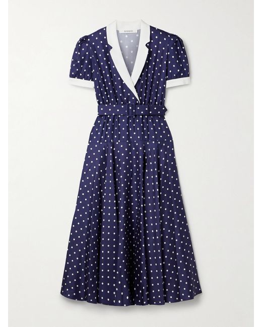 Rodarte Blue Midikleid Aus Seiden-Twill Mit Polka-Dots, Crêpe-De-Chine-Besätzen Und Gürtel