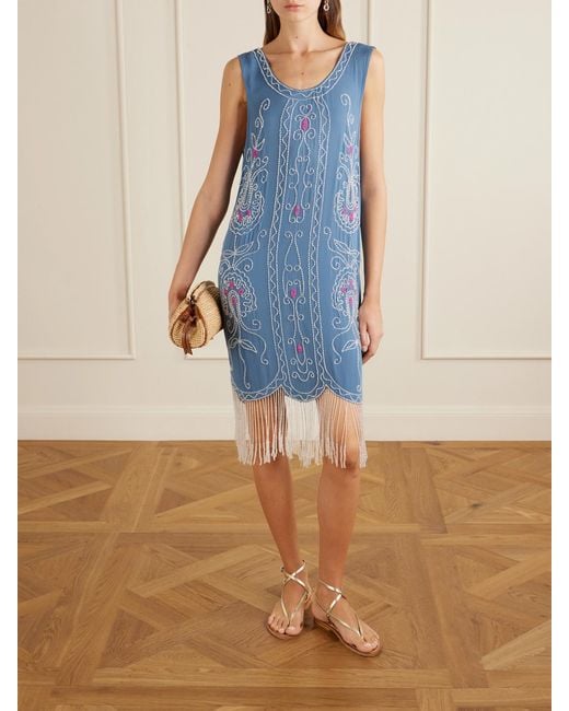 Bode Blue Sea Flower Beaded Silk Dress