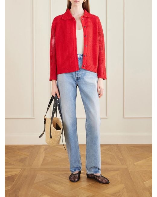 Escvdo Red Solar Open-Knit Cotton Cardigan