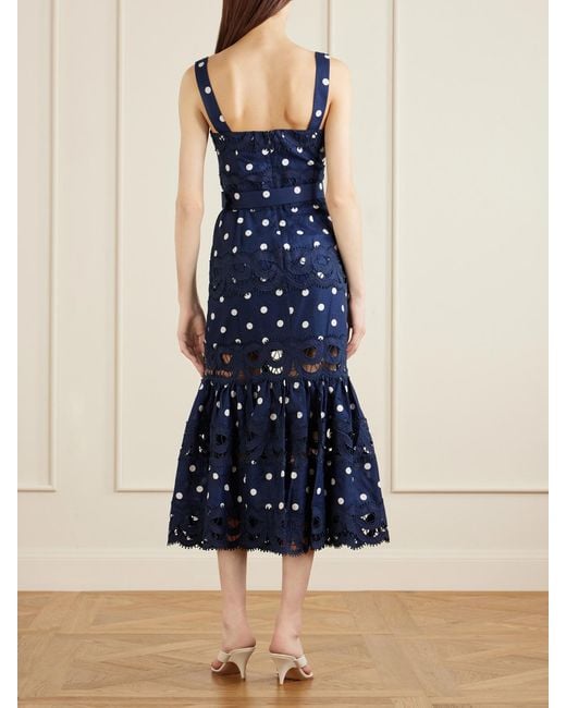 Self-Portrait Blue Belted Polka-Dot Linen And Cotton-Blend Midi Dress