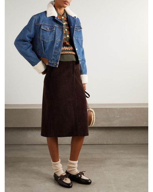 Bally Blue Cropped Shearling-Trimmed Padded Denim Jacket