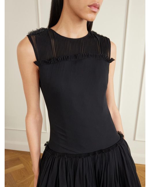 Abadia Black Plissé Chiffon-Trimmed Silk-Satin Midi Dress
