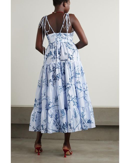 Erdem Blue Tiered Floral-Print Cotton-Poplin Gown
